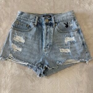 Playboy by Pacsun Denim‎ Shorts Size 24 Distressed Embroidered Light Wash